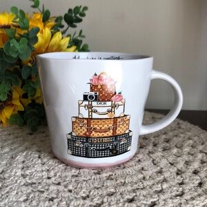 Stacked Luggage Mug with Iconic Fashion Logos - Adventure is waiting